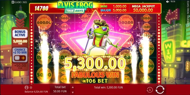 Screenshot of Elvis Frog True-Ways Pokie by BGaming at Zotabet Casino - Big Win